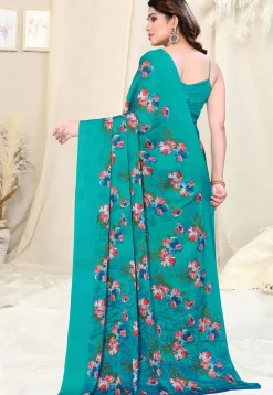 Digital Printed Chiffon Saree in Teal Blue