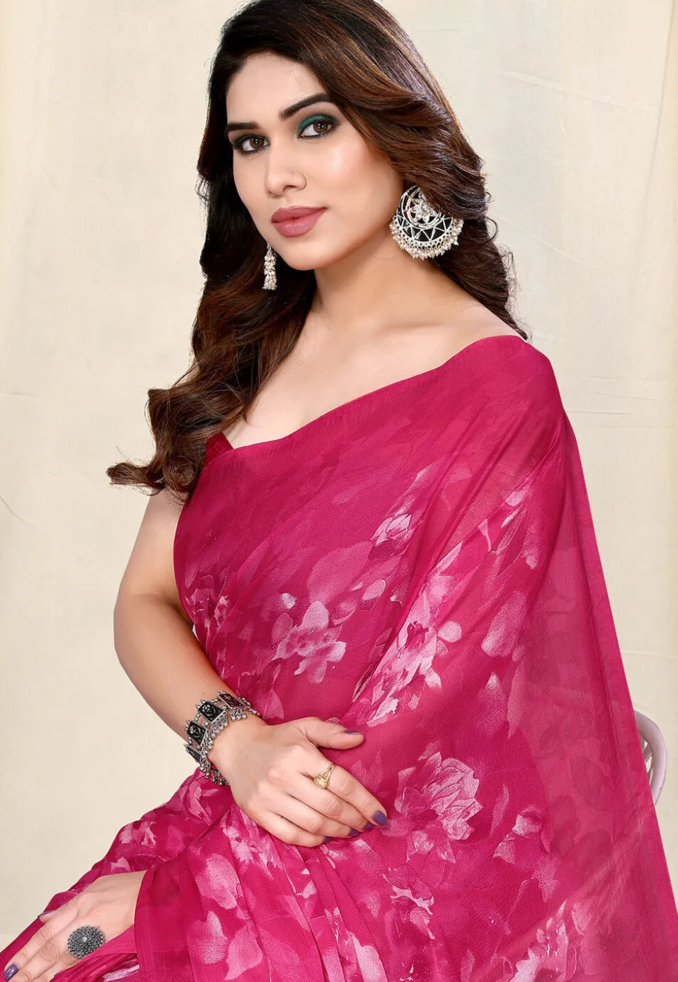 Digital Printed Chiffon Saree in Pink