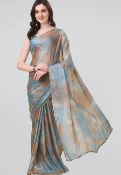 Digital Printed Chiffon Saree in Beige and Grey