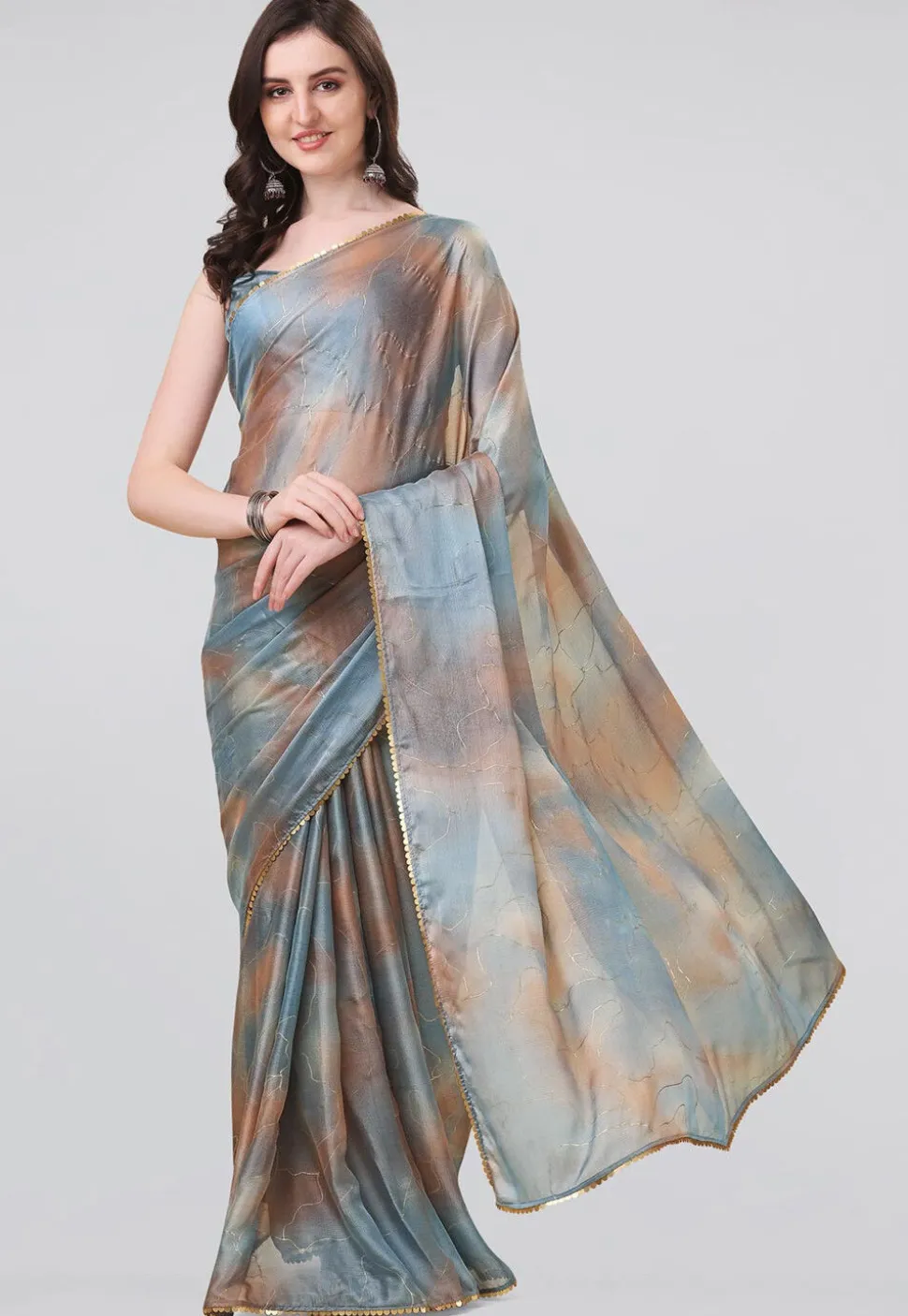 Digital Printed Chiffon Saree in Beige and Grey
