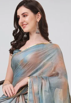 Digital Printed Chiffon Saree in Beige and Grey