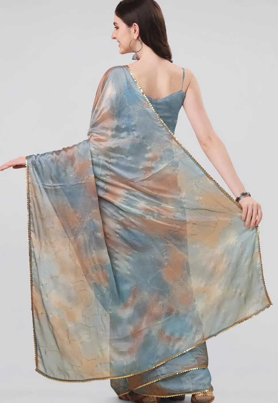 Digital Printed Chiffon Saree in Beige and Grey
