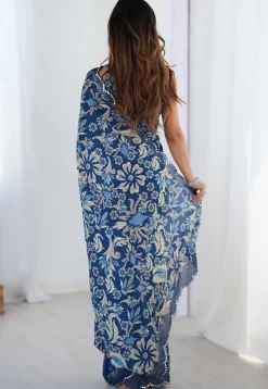 Digital Printed Chinon Chiffon Scalloped Saree in Blue