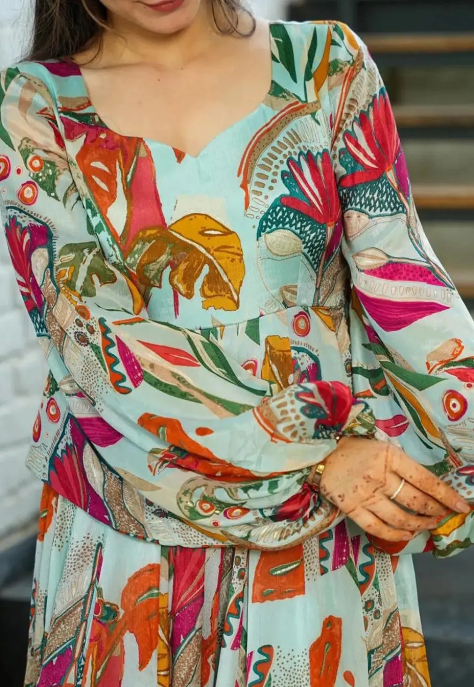 Digital Printed Chinon Chiffon Gown in Sea Green