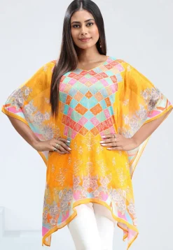 Digital Printed Chinon Chiffon Kaftan in Yellow