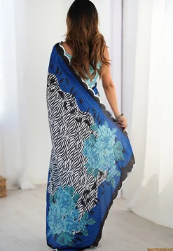Digital Printed Chinon Chiffon Scalloped Saree in Multicolor