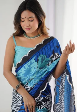 Digital Printed Chinon Chiffon Scalloped Saree in Multicolor