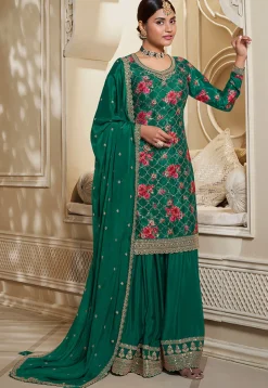 Digital Printed Chinon Chiffon Pakistani Suit in Teal Green