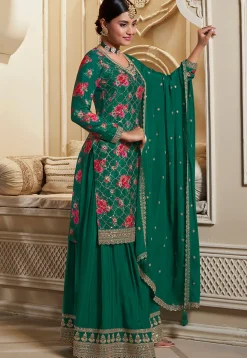 Digital Printed Chinon Chiffon Pakistani Suit in Teal Green