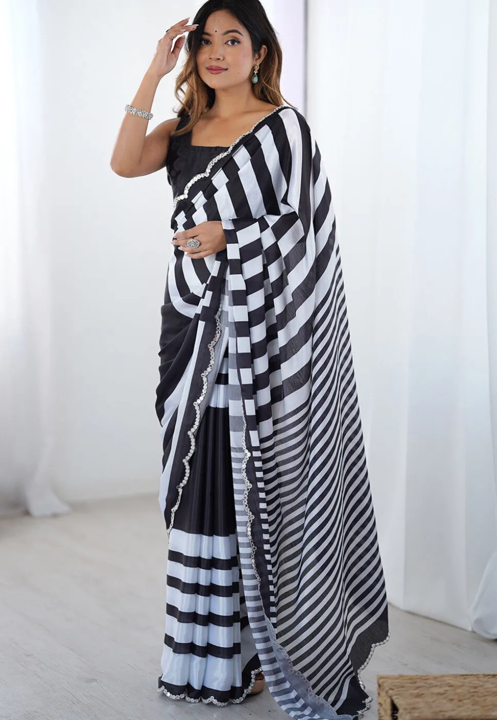 Digital Printed Chinon Chiffon Scalloped Saree in Black and White
