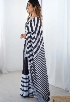 Digital Printed Chinon Chiffon Scalloped Saree in Black and White