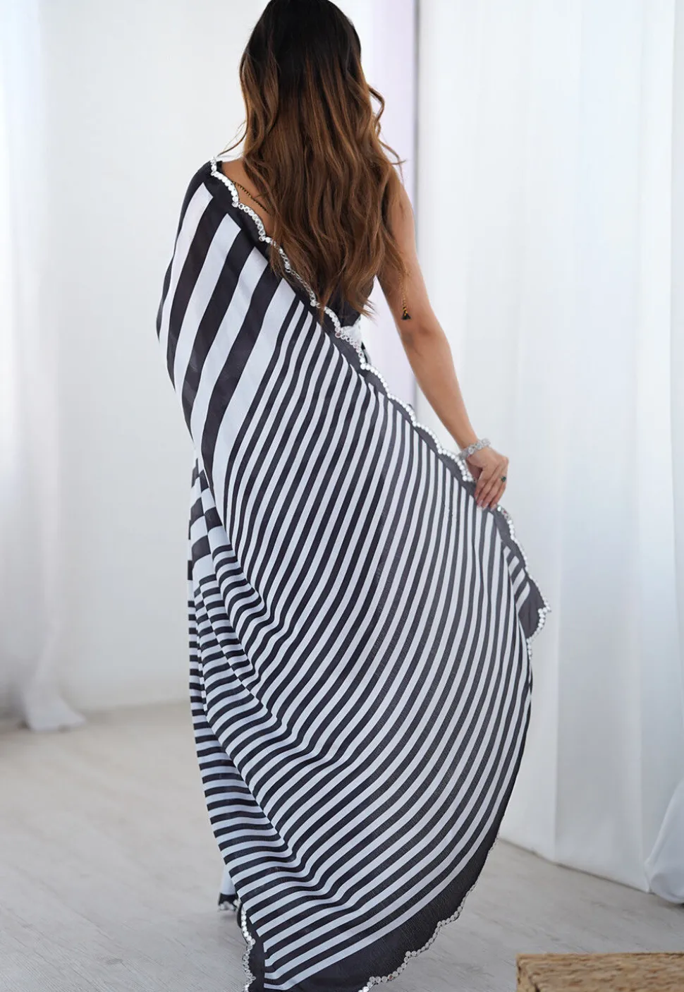 Digital Printed Chinon Chiffon Scalloped Saree in Black and White