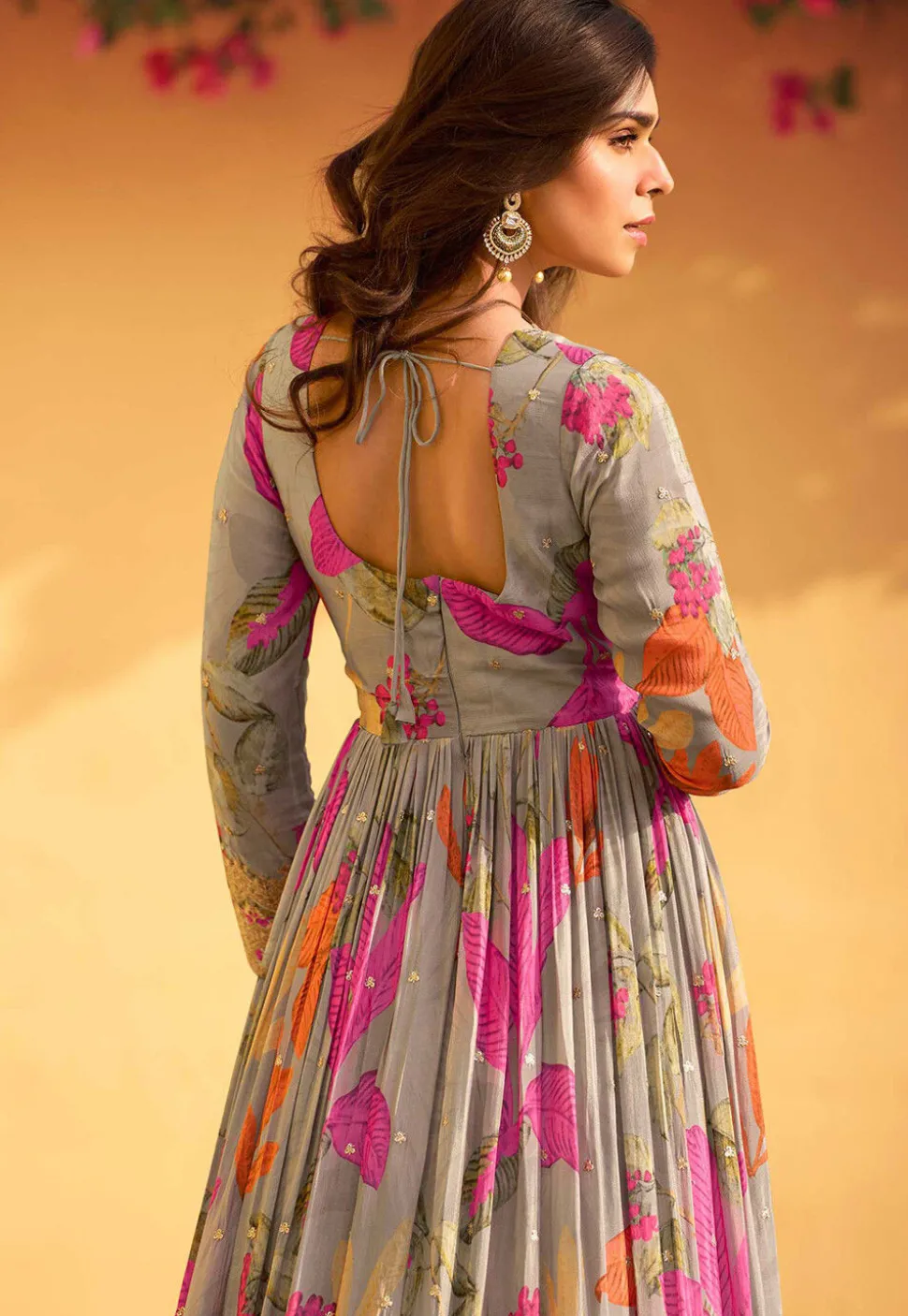 Digital Printed Chinon Chiffon Abaya Style Suit in Grey