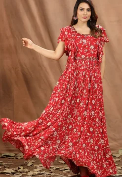 Digital Printed Chinon Chiffon Tiered Gown in Red