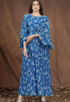 Digital Printed Chinon Chiffon Long Flared Dress in Blue