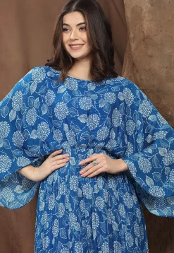 Digital Printed Chinon Chiffon Long Flared Dress in Blue