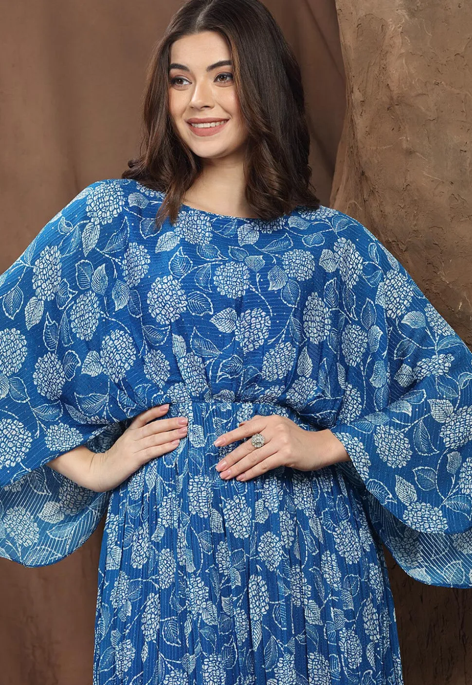 Digital Printed Chinon Chiffon Long Flared Dress in Blue