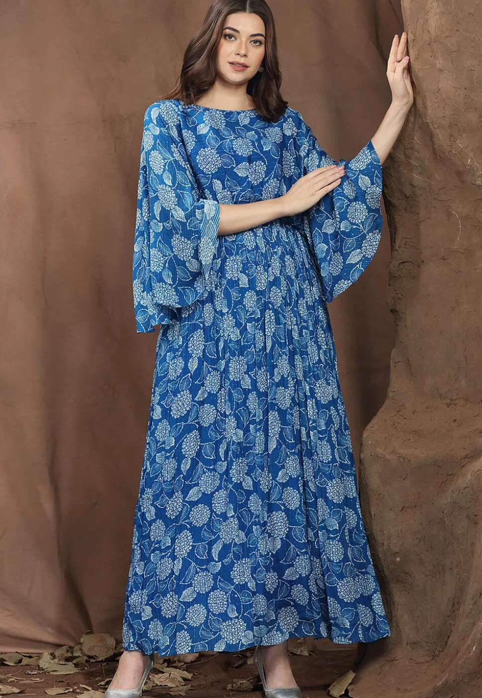 Digital Printed Chinon Chiffon Long Flared Dress in Blue