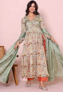 Digital Printed Chinon Chiffon A Line Suit in Green