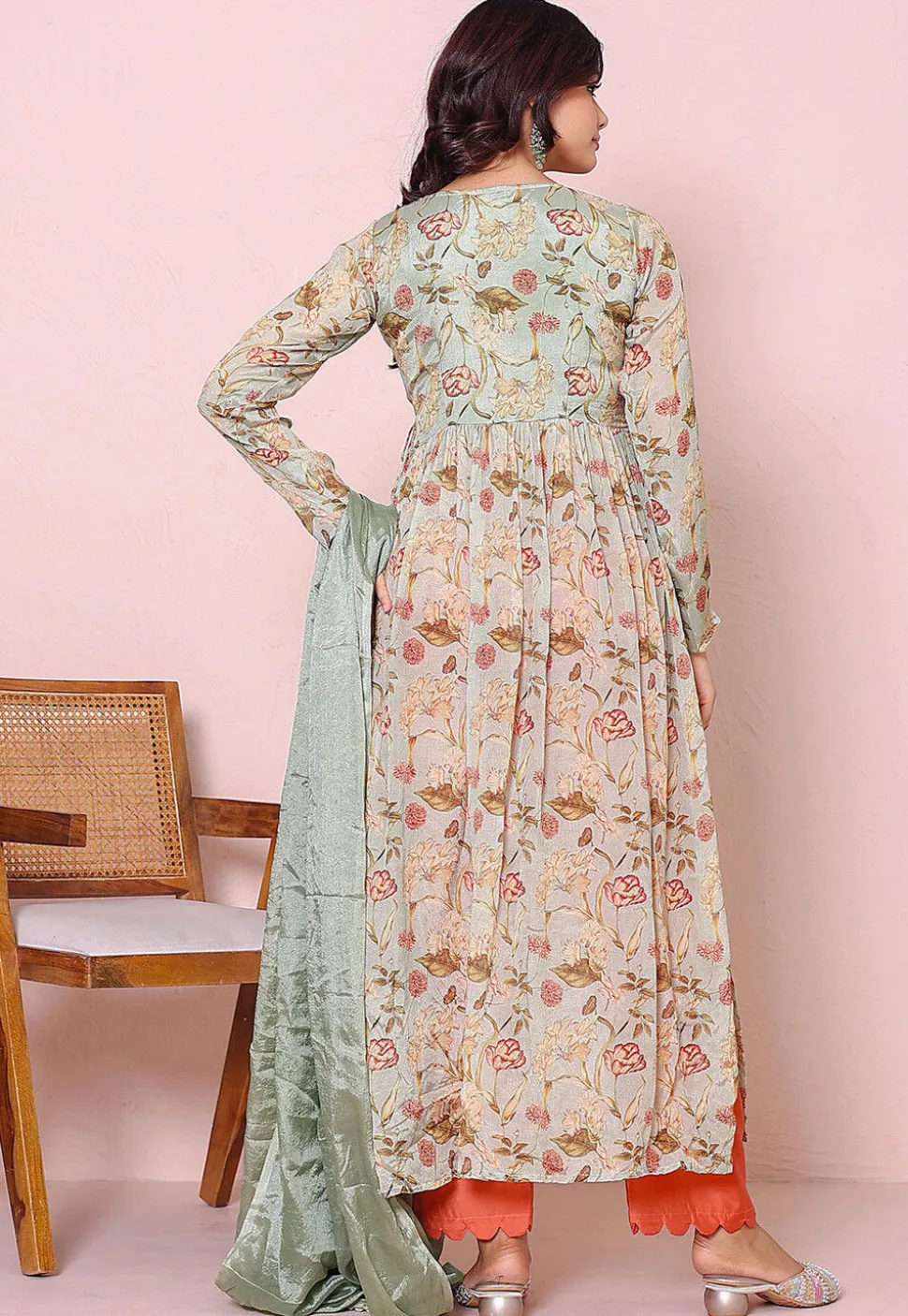Digital Printed Chinon Chiffon A Line Suit in Green