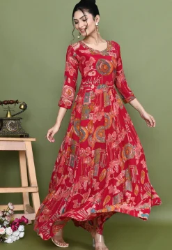 Digital Printed Chinon Chiffon Gown in Fuchsia