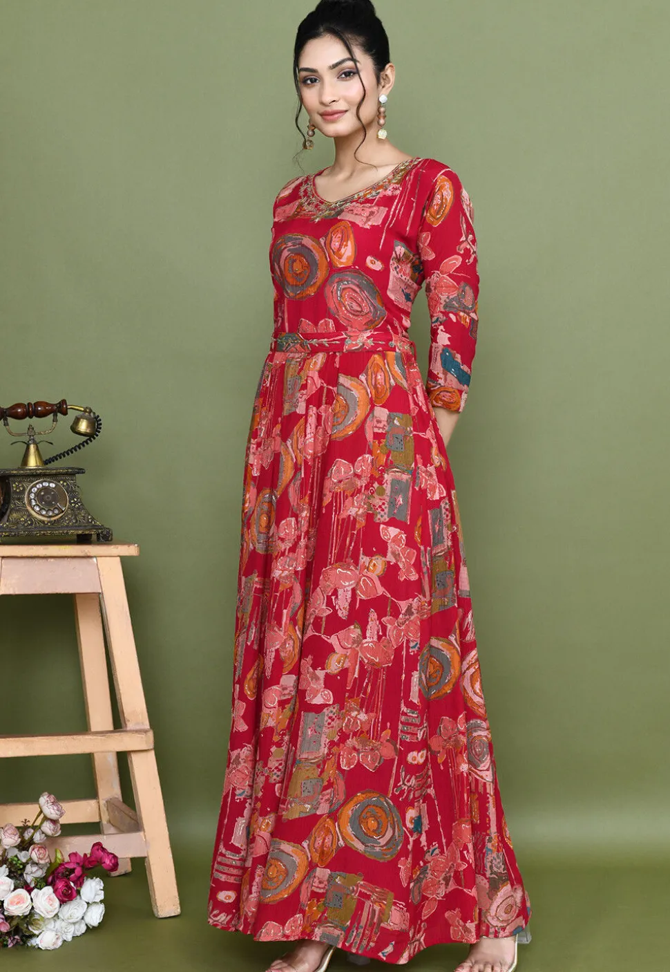Digital Printed Chinon Chiffon Gown in Fuchsia