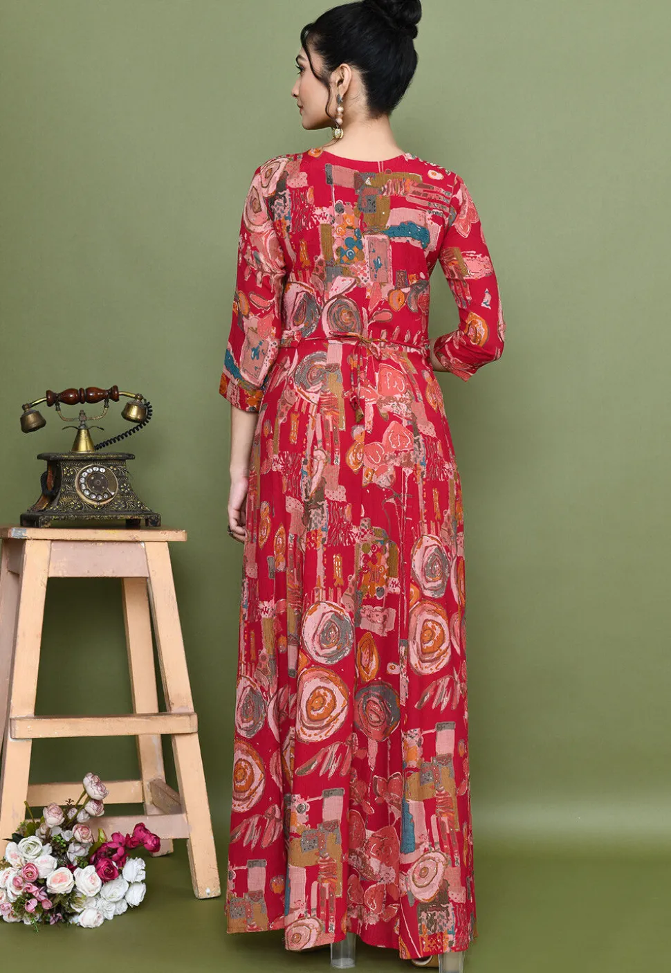 Digital Printed Chinon Chiffon Gown in Fuchsia