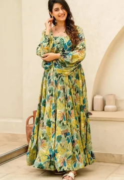 Digital Printed Chinon Chiffon Gown in Sea Green