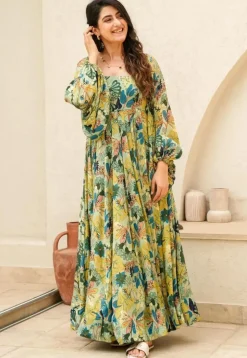 Digital Printed Chinon Chiffon Gown in Sea Green