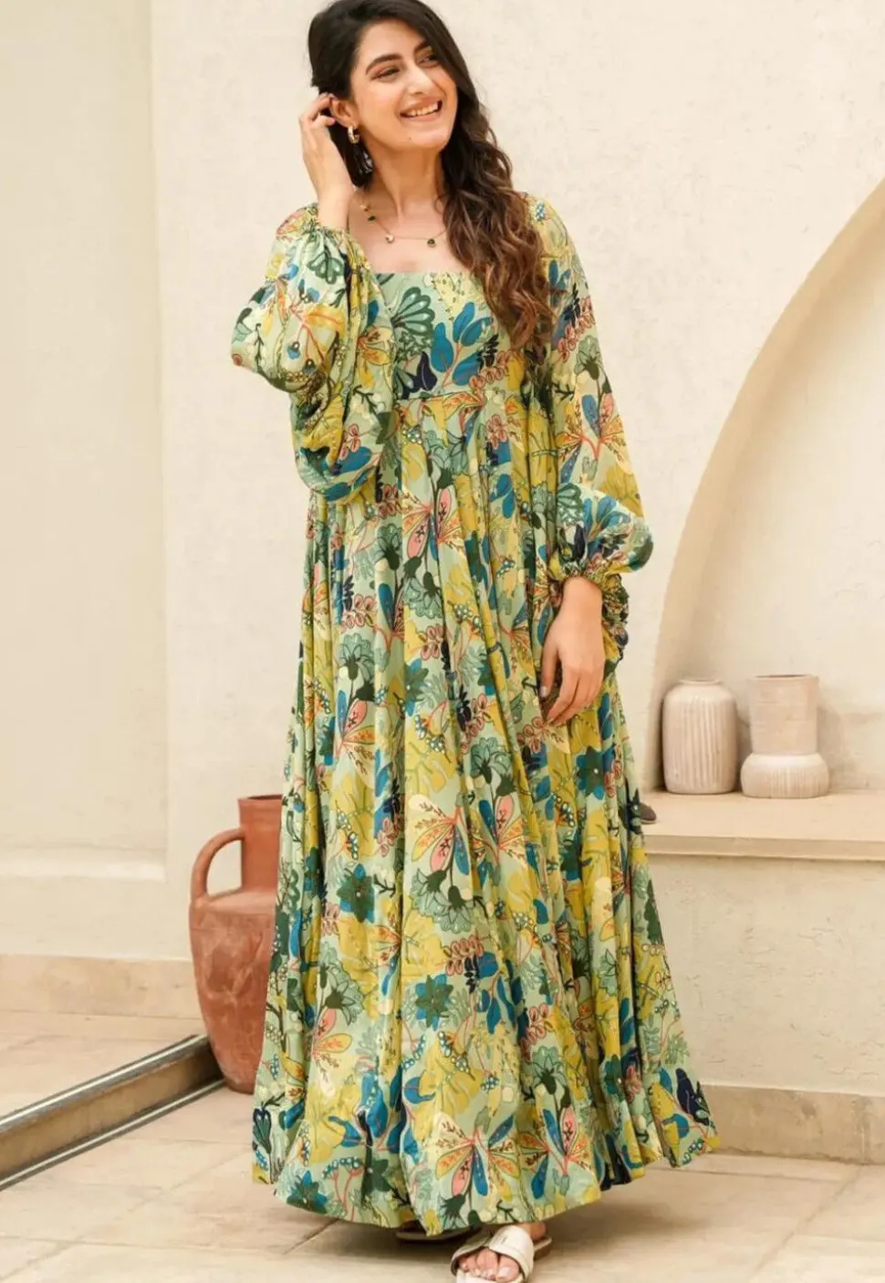 Digital Printed Chinon Chiffon Gown in Sea Green
