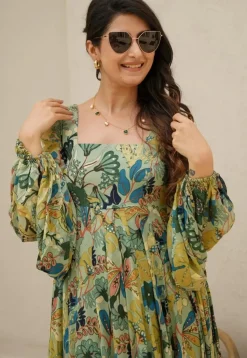 Digital Printed Chinon Chiffon Gown in Sea Green