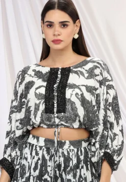 Digital Printed Chinon Chiffon Crop Top Set in Off White