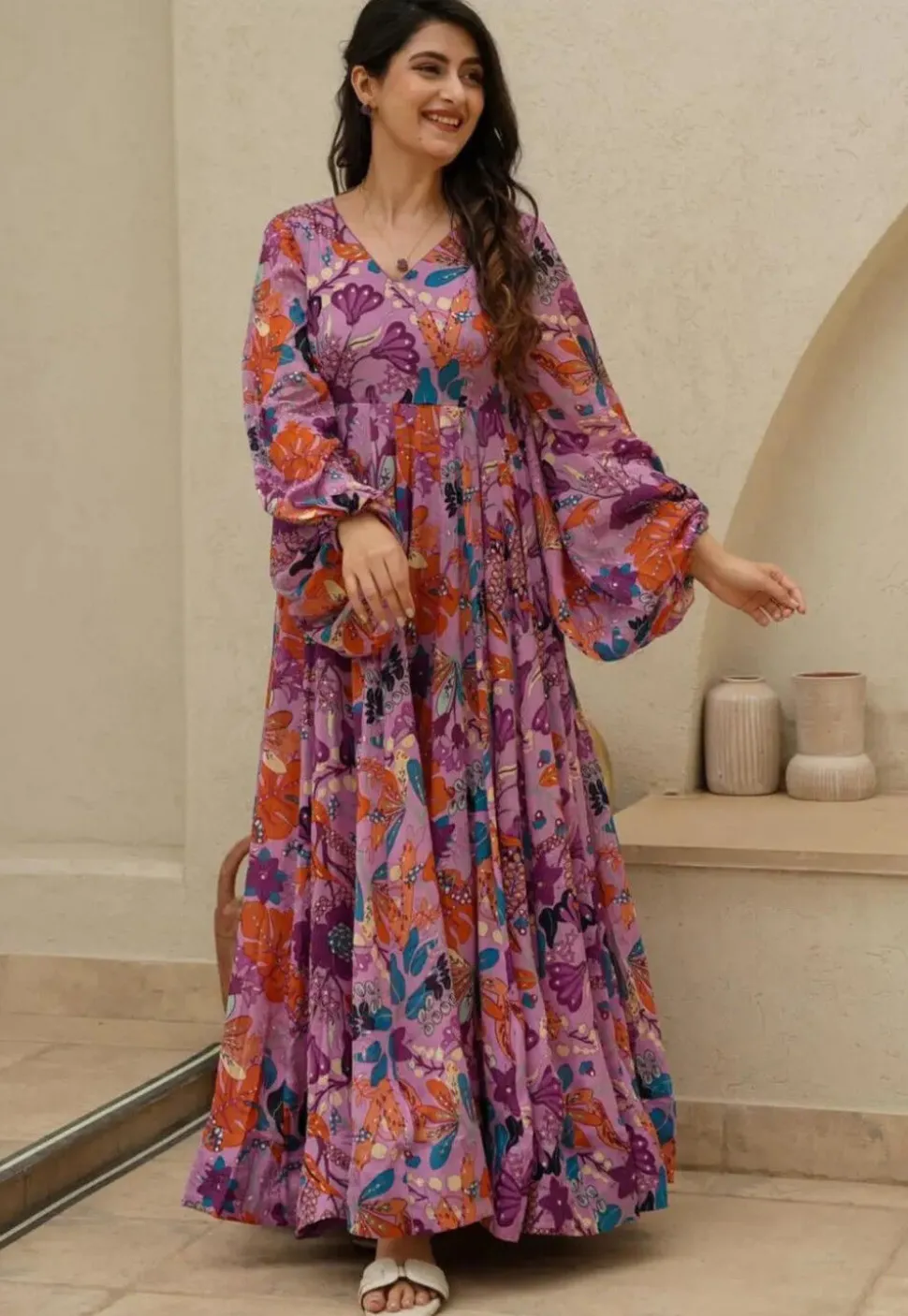 Digital Printed Chinon Chiffon Gown in Pink