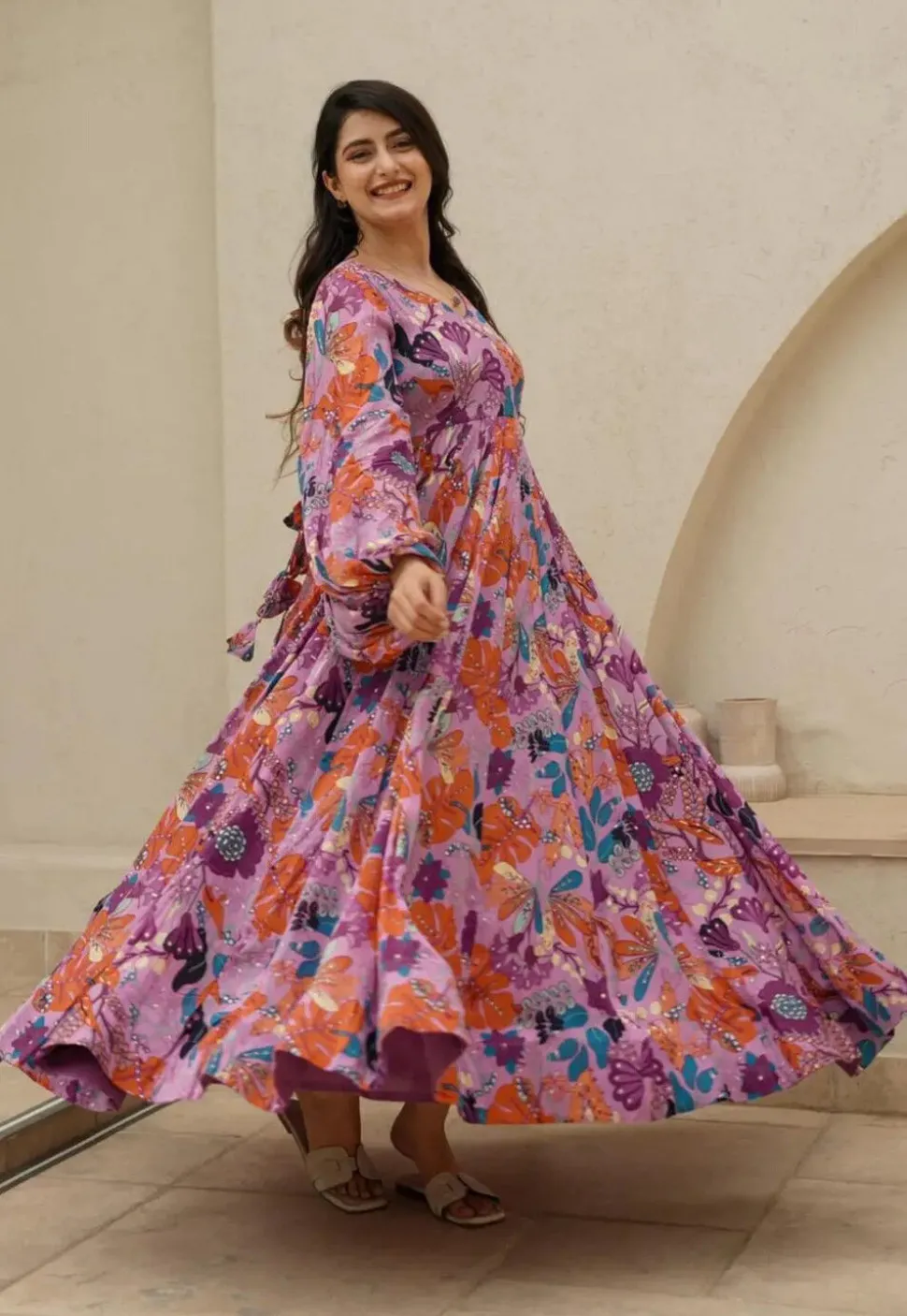 Digital Printed Chinon Chiffon Gown in Pink