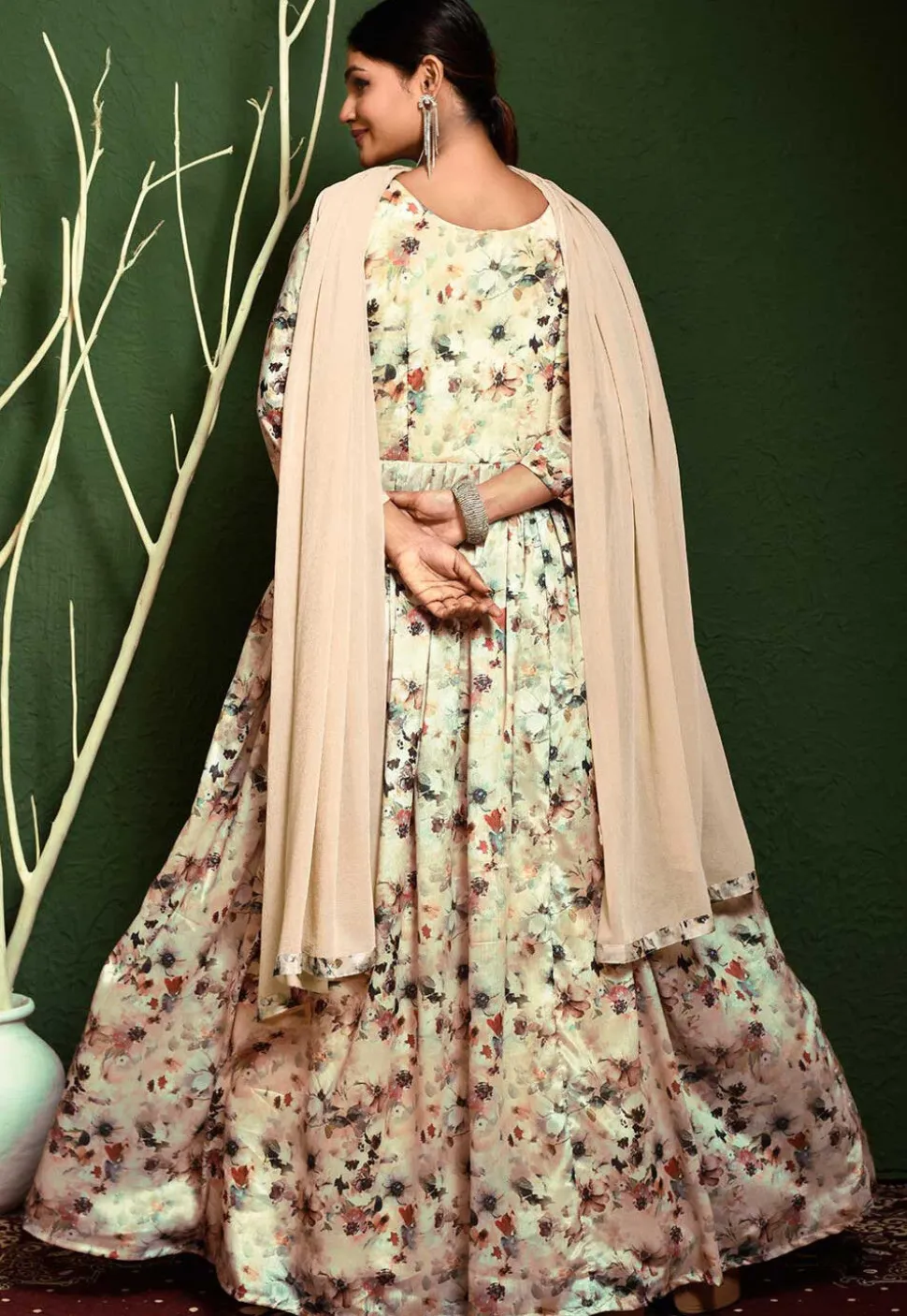 Digital Printed Chinon Chiffon Abaya Style Suit in Beige