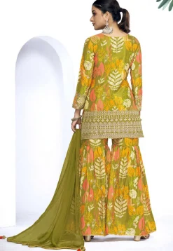 Digital Printed Chinon Chiffon Pakistani Suit in Olive Green