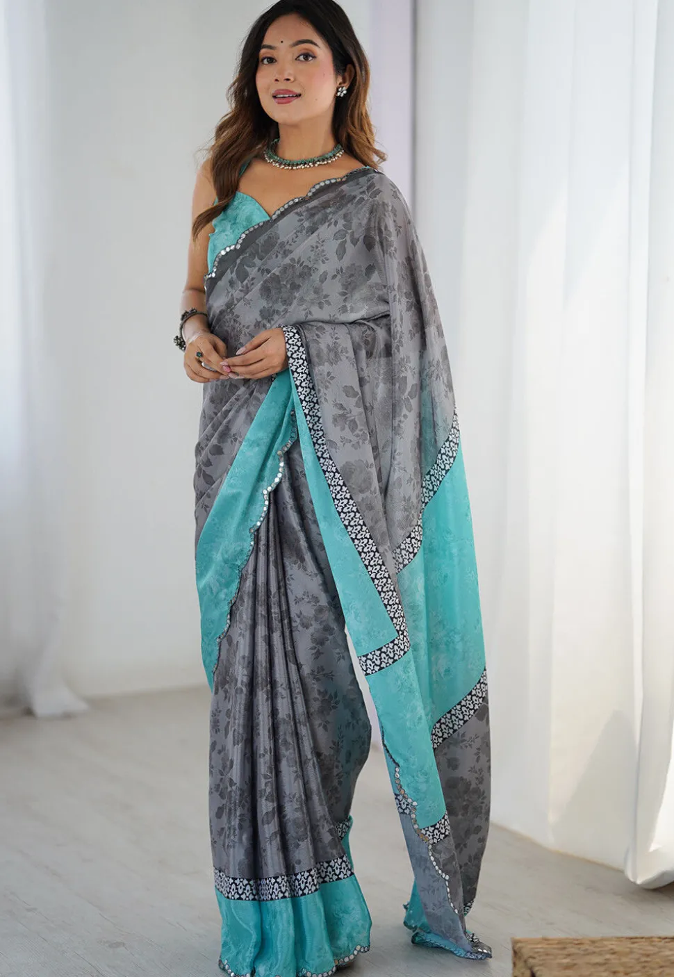 Digital Printed Chinon Chiffon Scalloped Saree in Grey