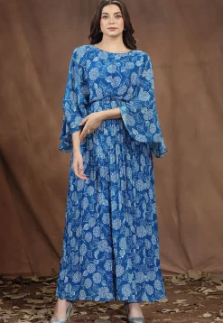 Digital Printed Chinon Chiffon Maxi Dress in Blue