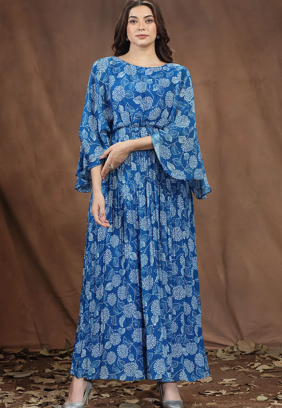 Digital Printed Chinon Chiffon Maxi Dress in Blue