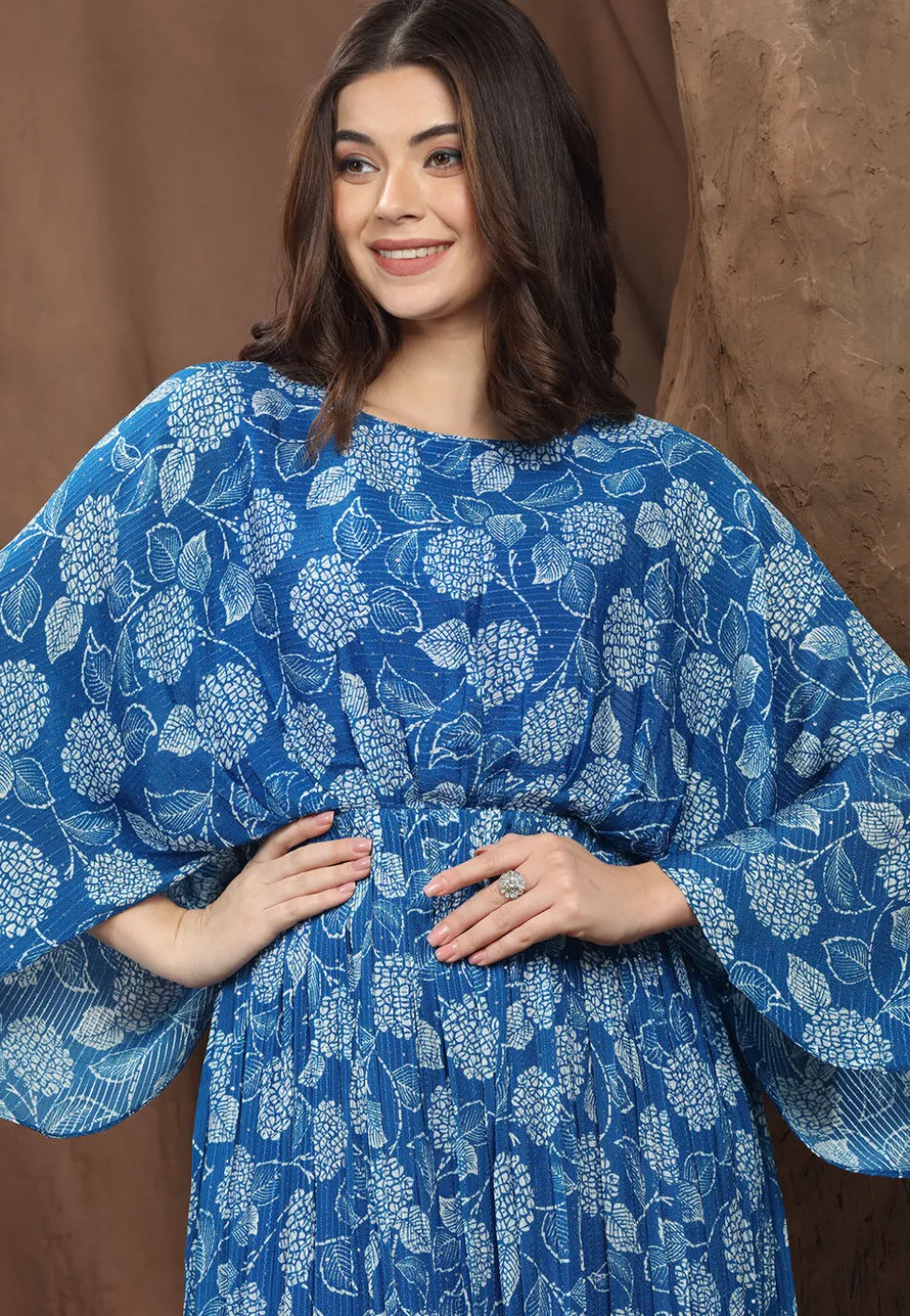 Digital Printed Chinon Chiffon Maxi Dress in Blue