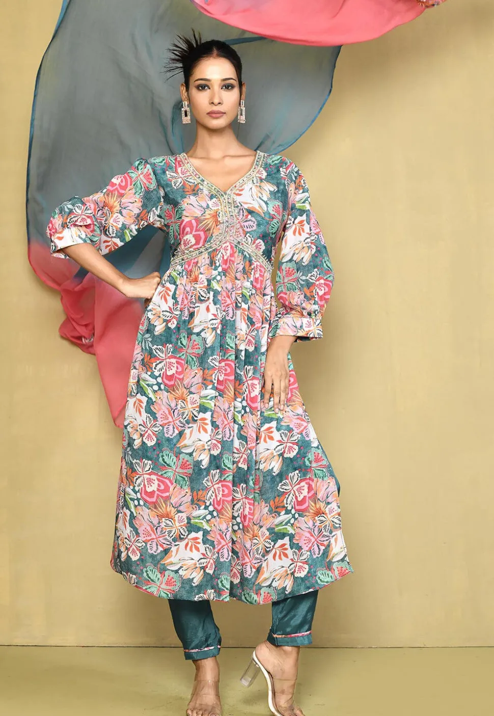 Digital Printed Chinon Chiffon A Line Suit in Teal Blue