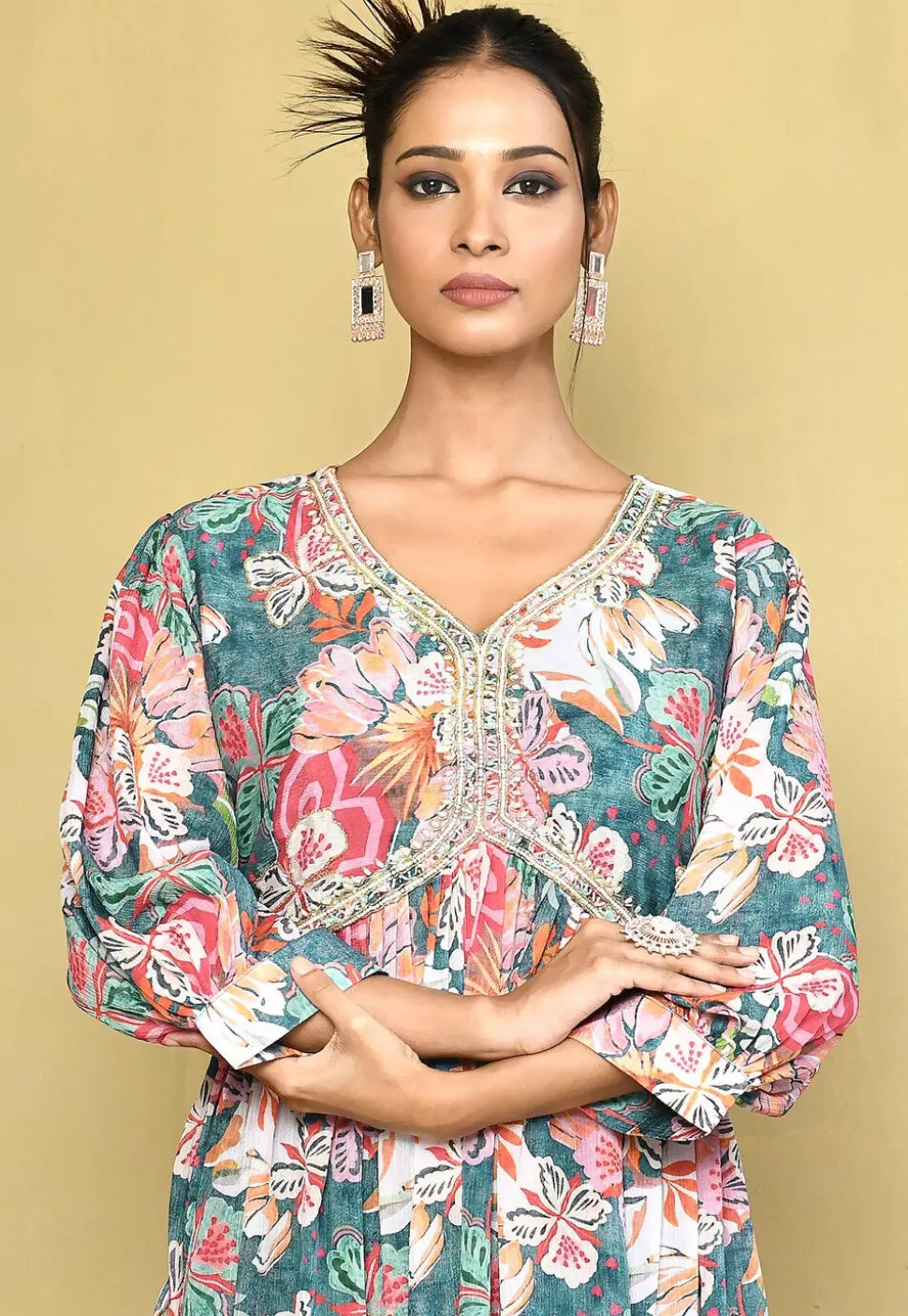 Digital Printed Chinon Chiffon A Line Suit in Teal Blue