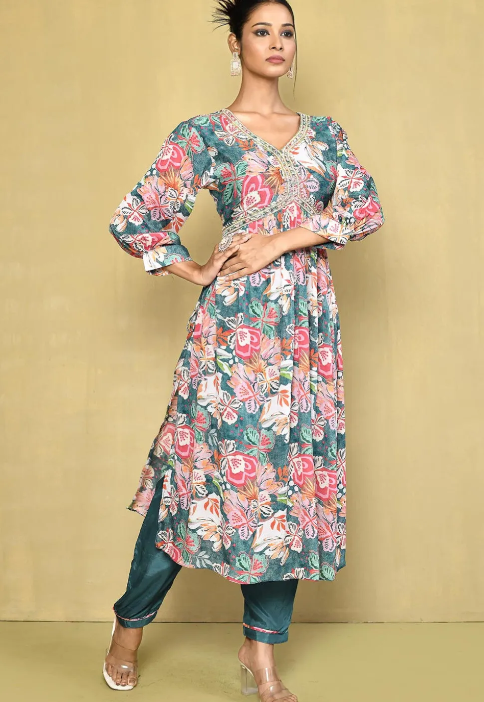 Digital Printed Chinon Chiffon A Line Suit in Teal Blue