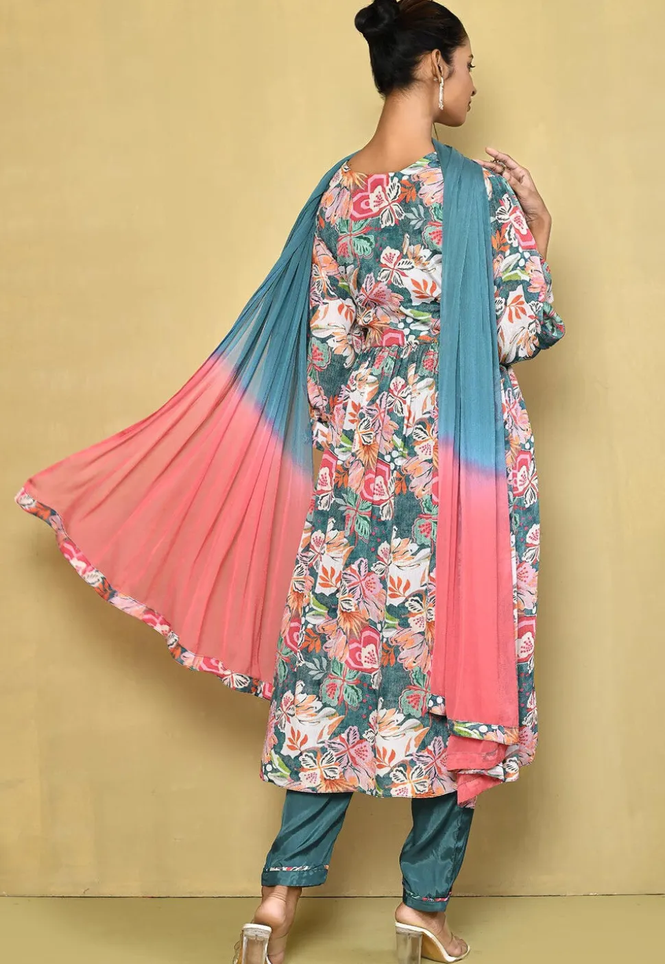 Digital Printed Chinon Chiffon A Line Suit in Teal Blue