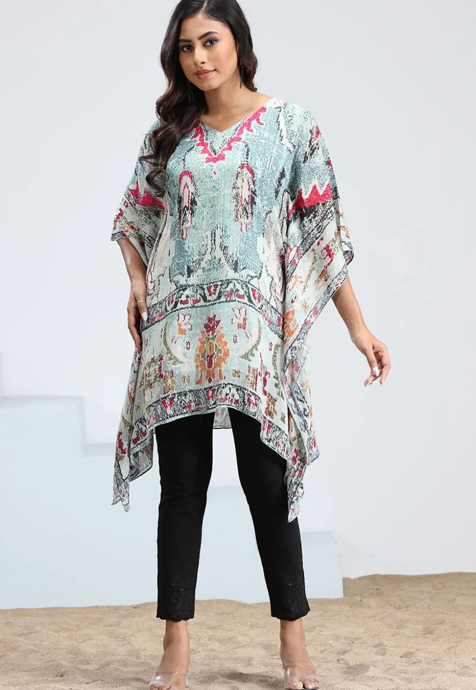 Digital Printed Chinon Chiffon Kaftan in Light Blue
