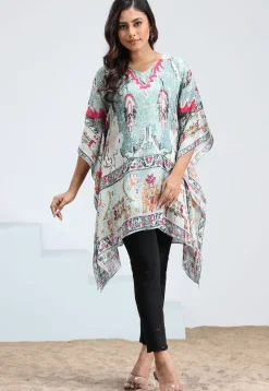 Digital Printed Chinon Chiffon Kaftan in Light Blue