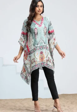 Digital Printed Chinon Chiffon Kaftan in Light Blue