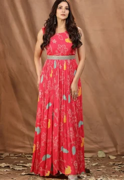 Digital Printed Chinon Chiffon Gown in Red