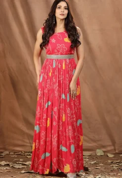 Digital Printed Chinon Chiffon Gown in Red