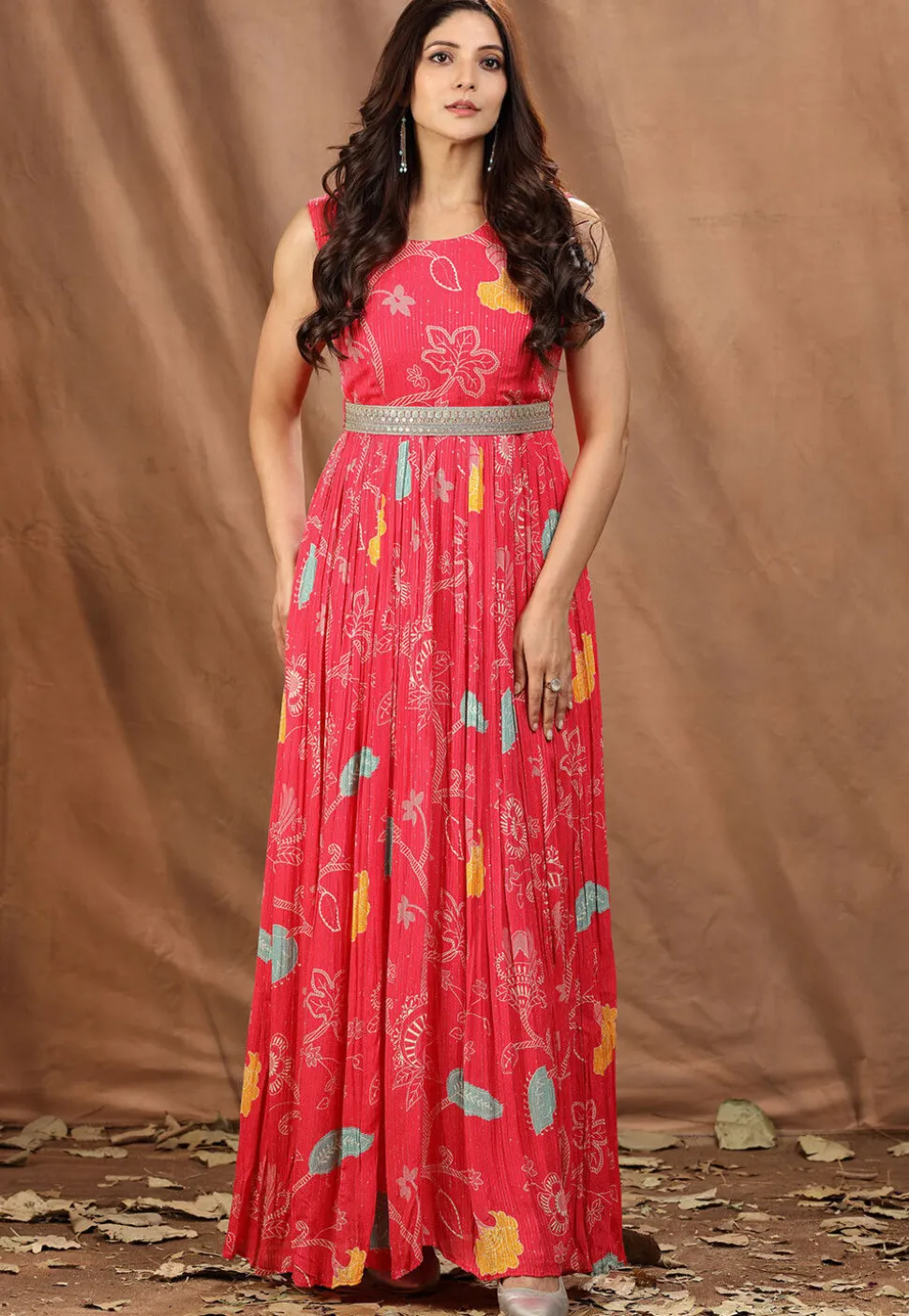 Digital Printed Chinon Chiffon Gown in Red